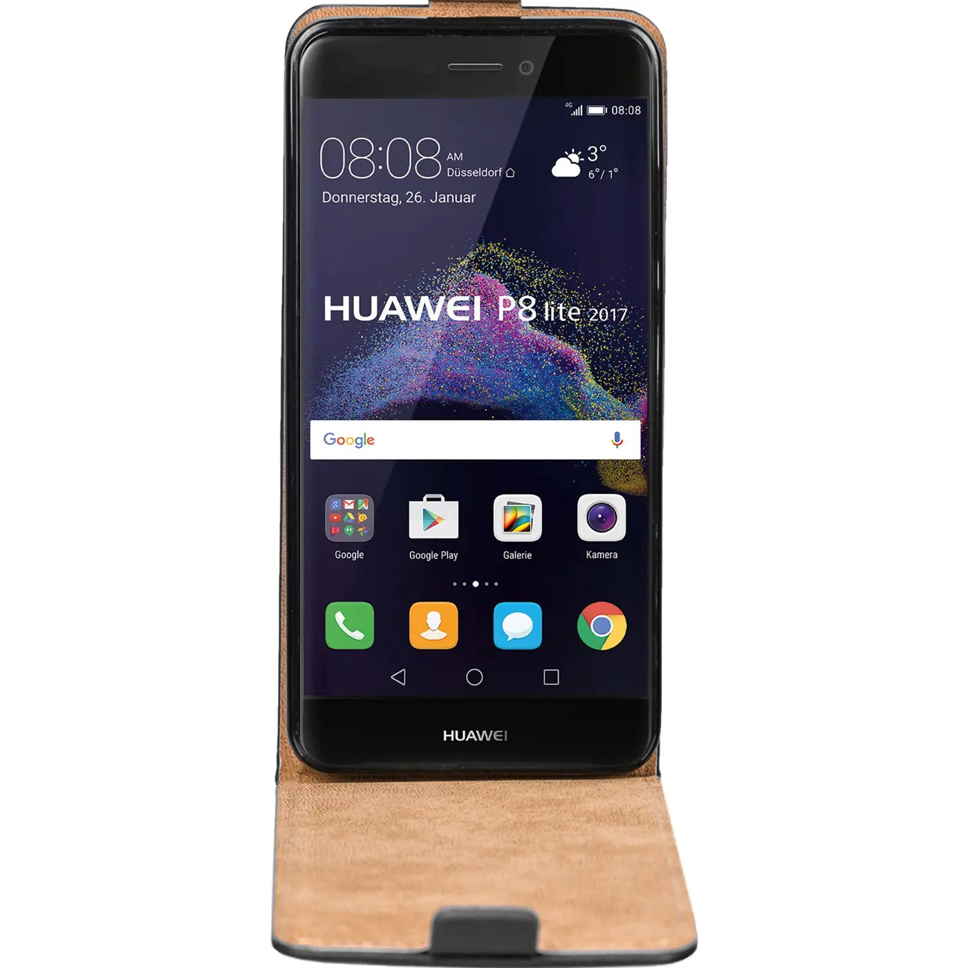 Huawei P8 Lite 2017 in brauner Leder-Flip-Hülle, Vorderansicht.