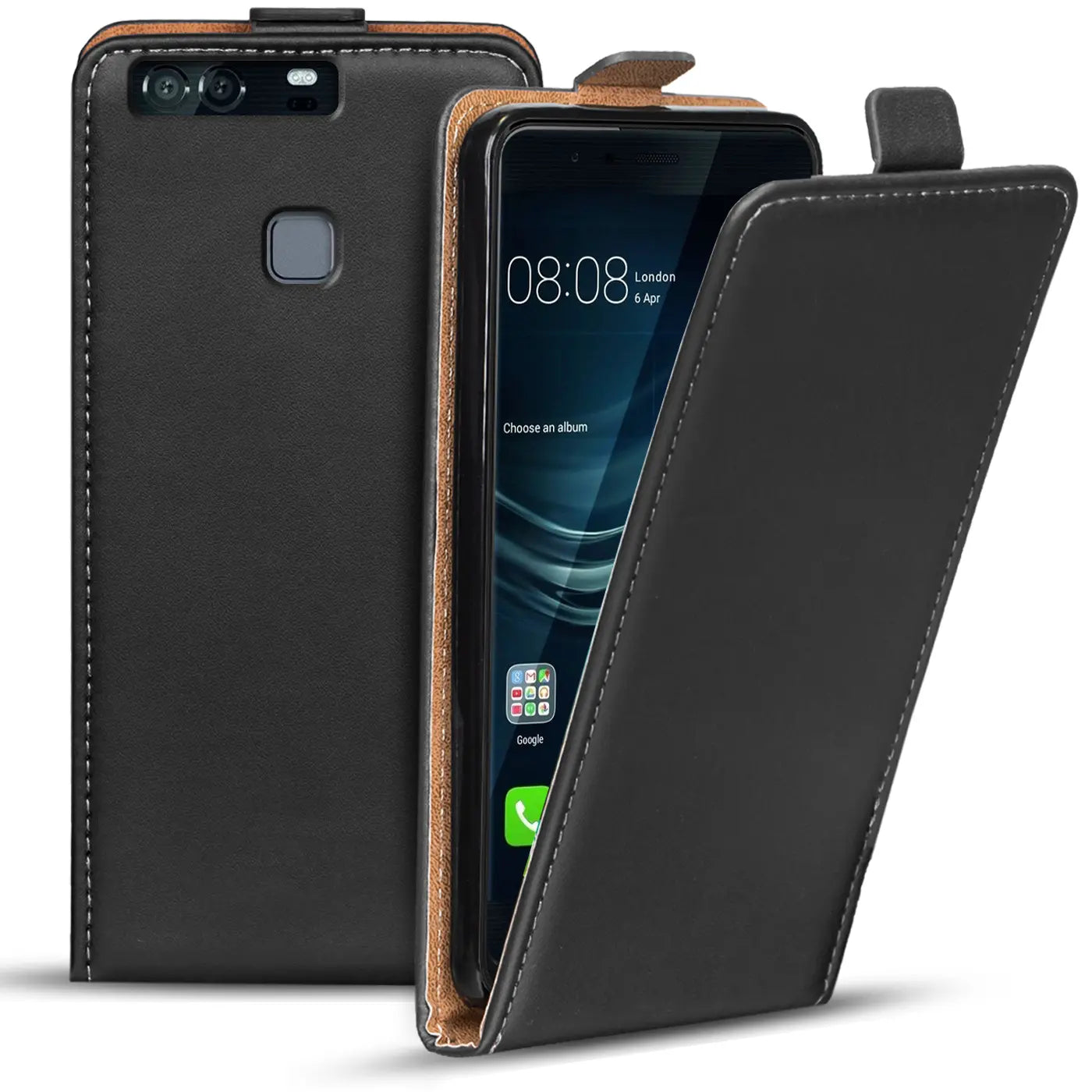 Schwarze Leder-Flip-Hülle mit braunem Innenfutter, zeigt Huawei P9, Vorder- und Rückseite.