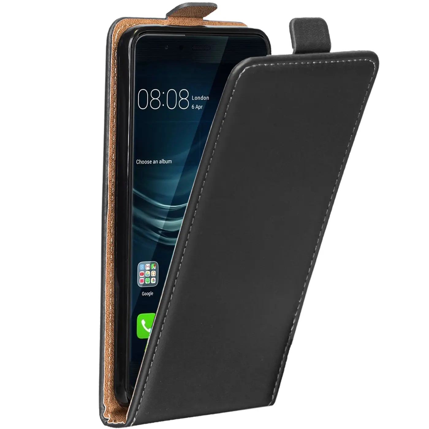 Schwarze Leder-Flip-Hülle mit offenem Deckel, zeigt Huawei P9 mit Uhrzeit 08:08.