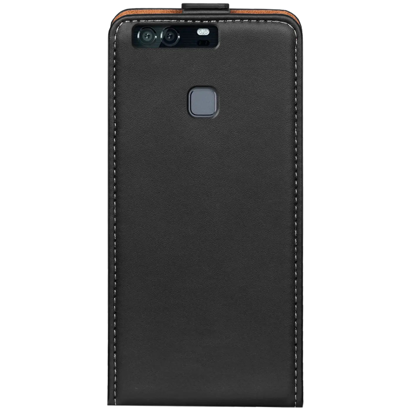 Schwarze Leder-Flip-Hülle für Huawei P9, Rückansicht, mit braunem Rand.