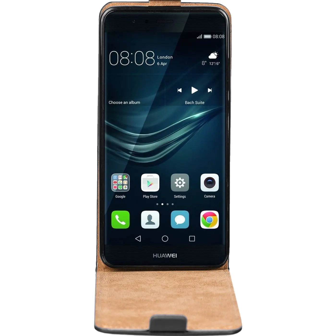 Huawei P9 in brauner Leder-Flip-Hülle, Vorderansicht.