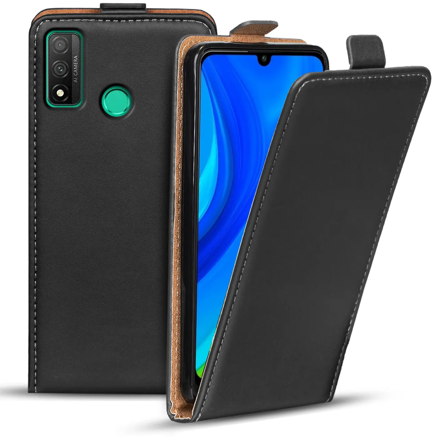 Schwarze Leder-Flip-Hülle mit braunem Rand, zeigt Huawei P Smart 2020, Vorderansicht.