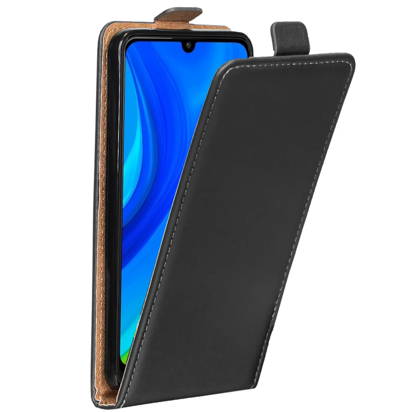 Schwarze Leder-Flip-Hülle mit offenem Deckel, zeigt Huawei P Smart 2020.