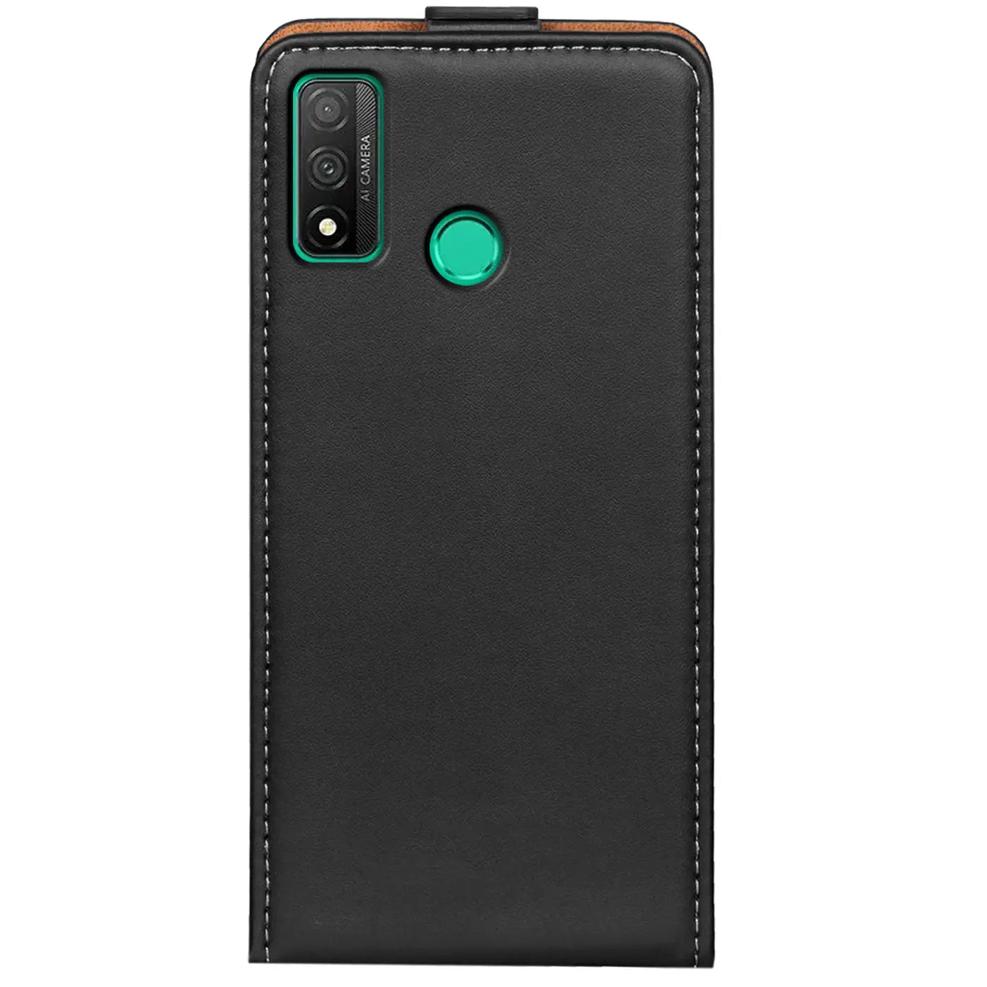 Schwarze Leder-Flip-Hülle mit Holz-Akzent für Huawei P Smart 2020, Rückansicht