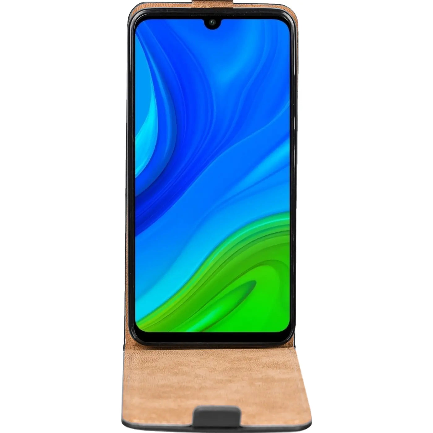 Braune Leder-Flip-Hülle für Huawei P Smart 2020, von vorne gezeigt.