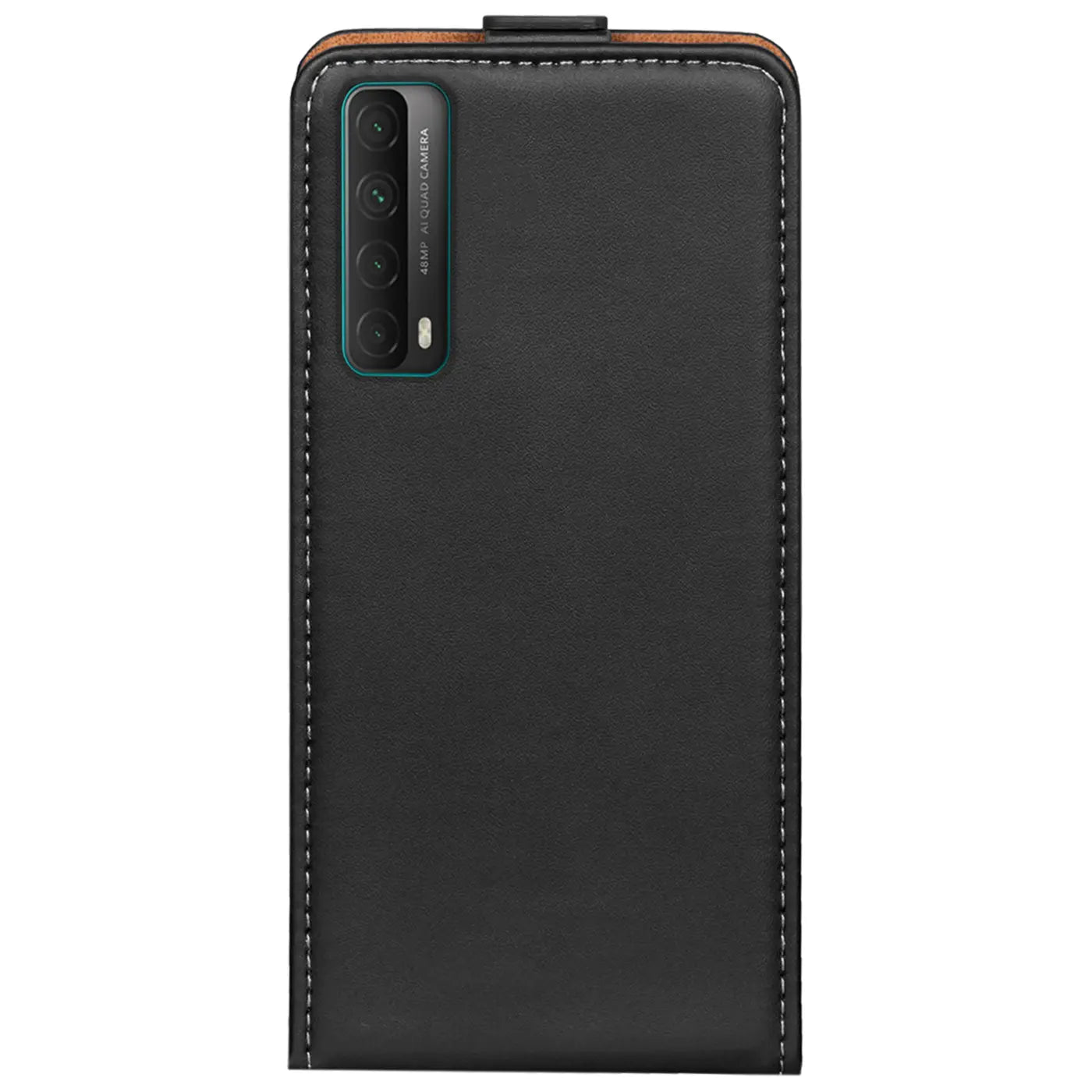 Schwarze Leder-Flip-Hülle mit Nähten, Rückansicht, Huawei P Smart 2021.