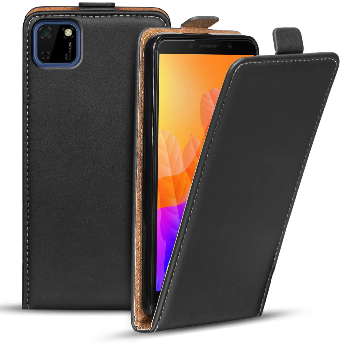 Schwarze Leder-Flip-Hülle für Huawei Y5P, von vorne, mit geöffneter Klappe.