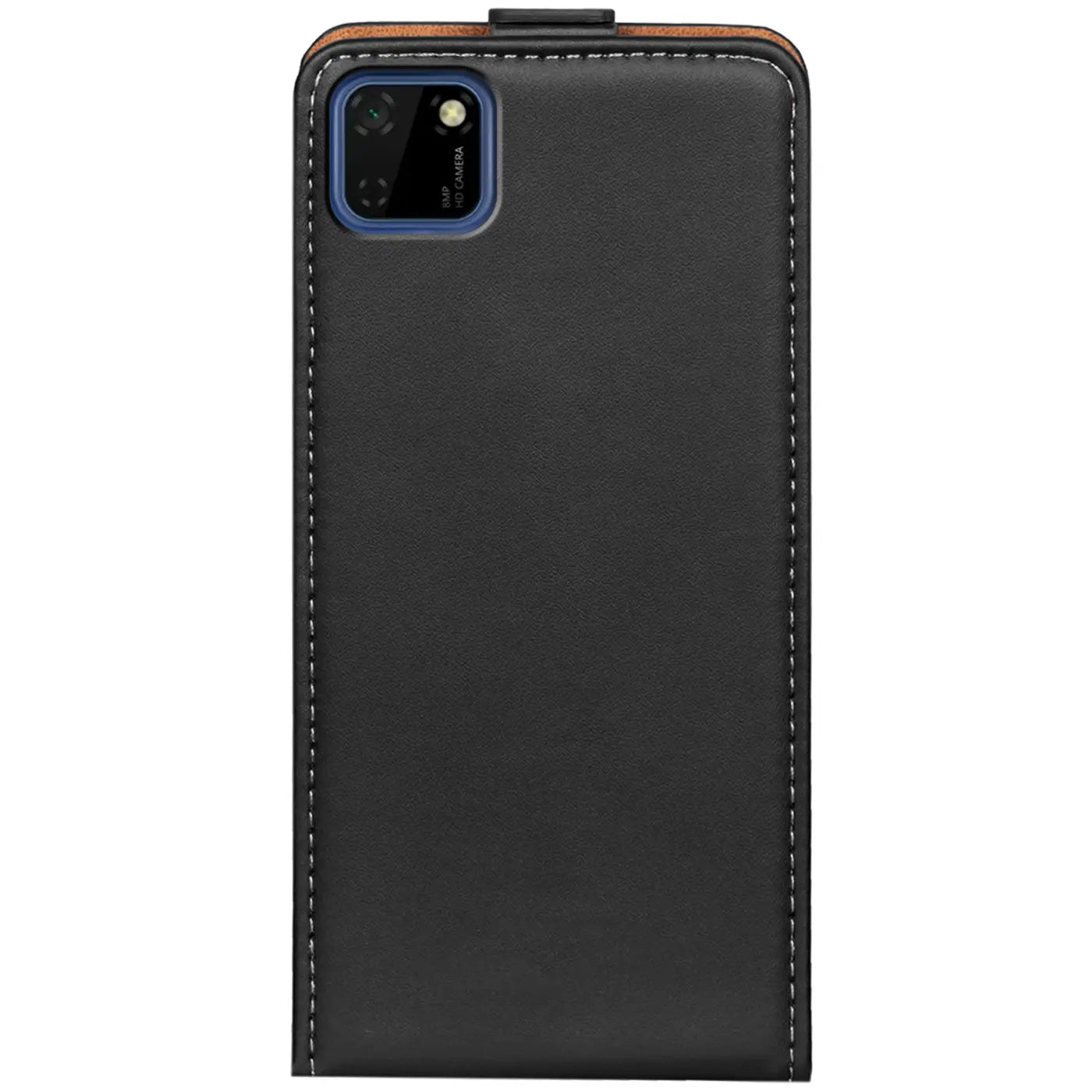 Schwarze Leder-Flip-Hülle für Huawei Y5P, Rückansicht.