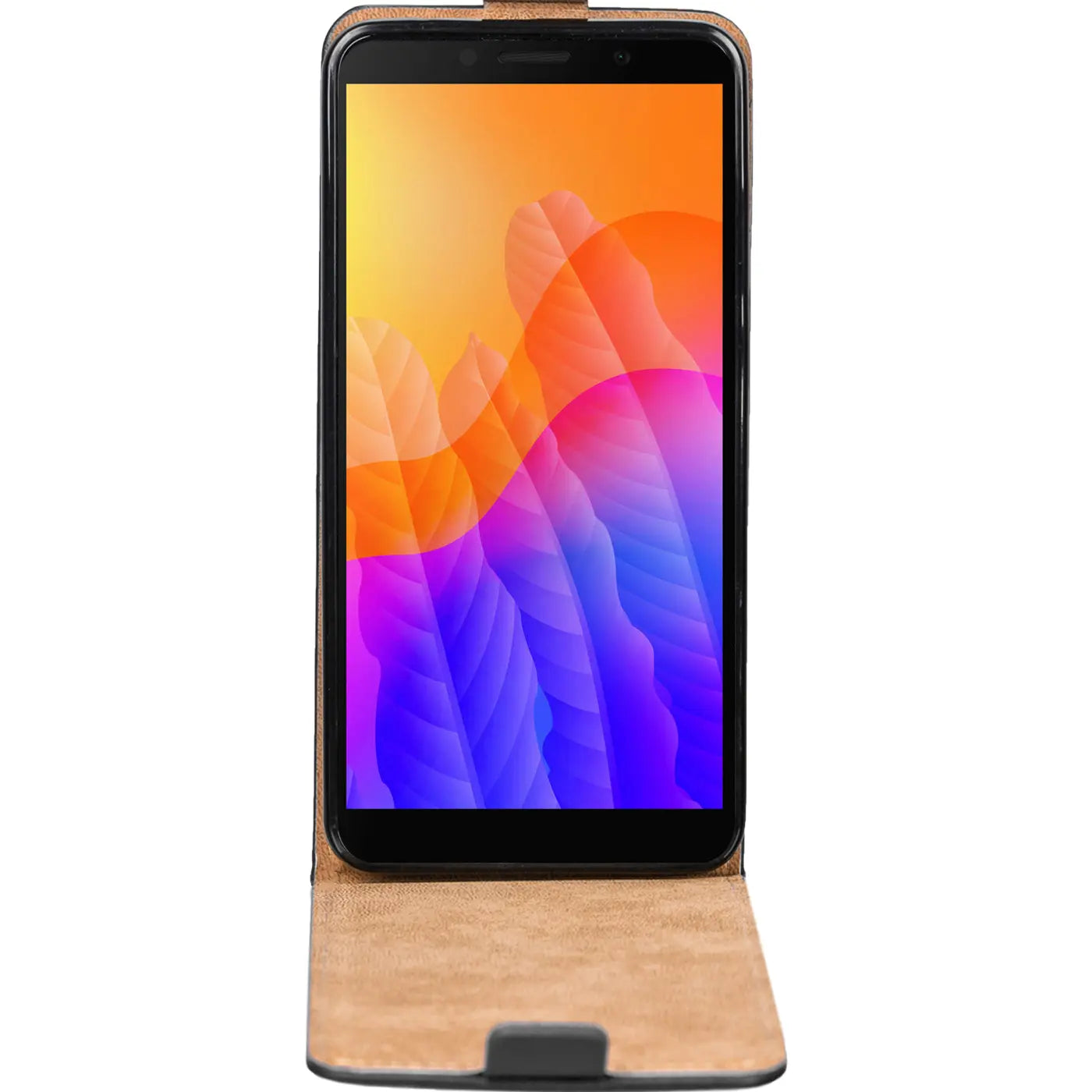 Braunes Leder-Flip-Case mit offenem Huawei Y5P von vorne.