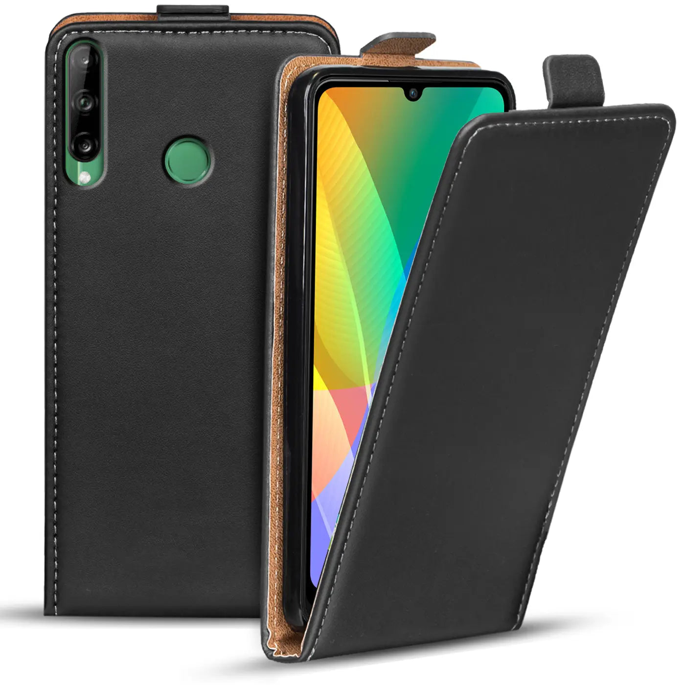 Schwarze Leder-Flip-Hülle mit braunem Innenfutter für Huawei Y6P, von vorne schräg