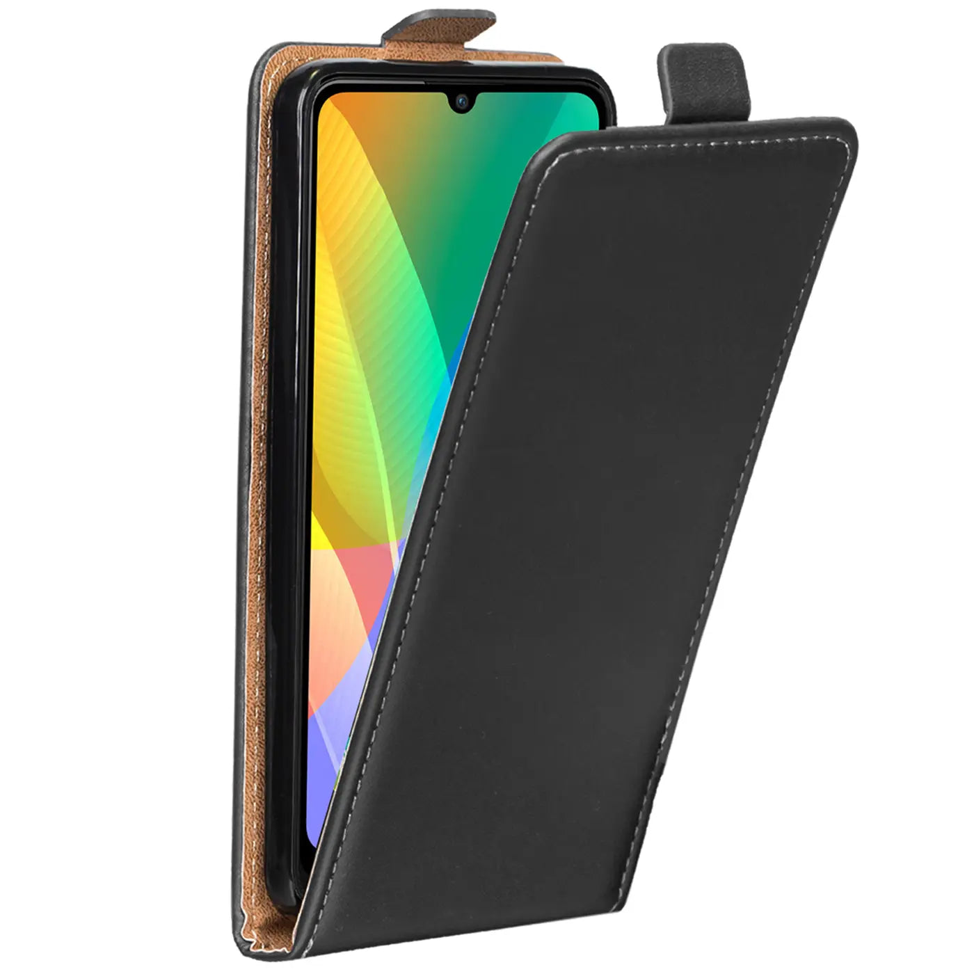 Schwarze Kunstleder-Flip-Hülle, seitliche Ansicht, mit Huawei Y6P.