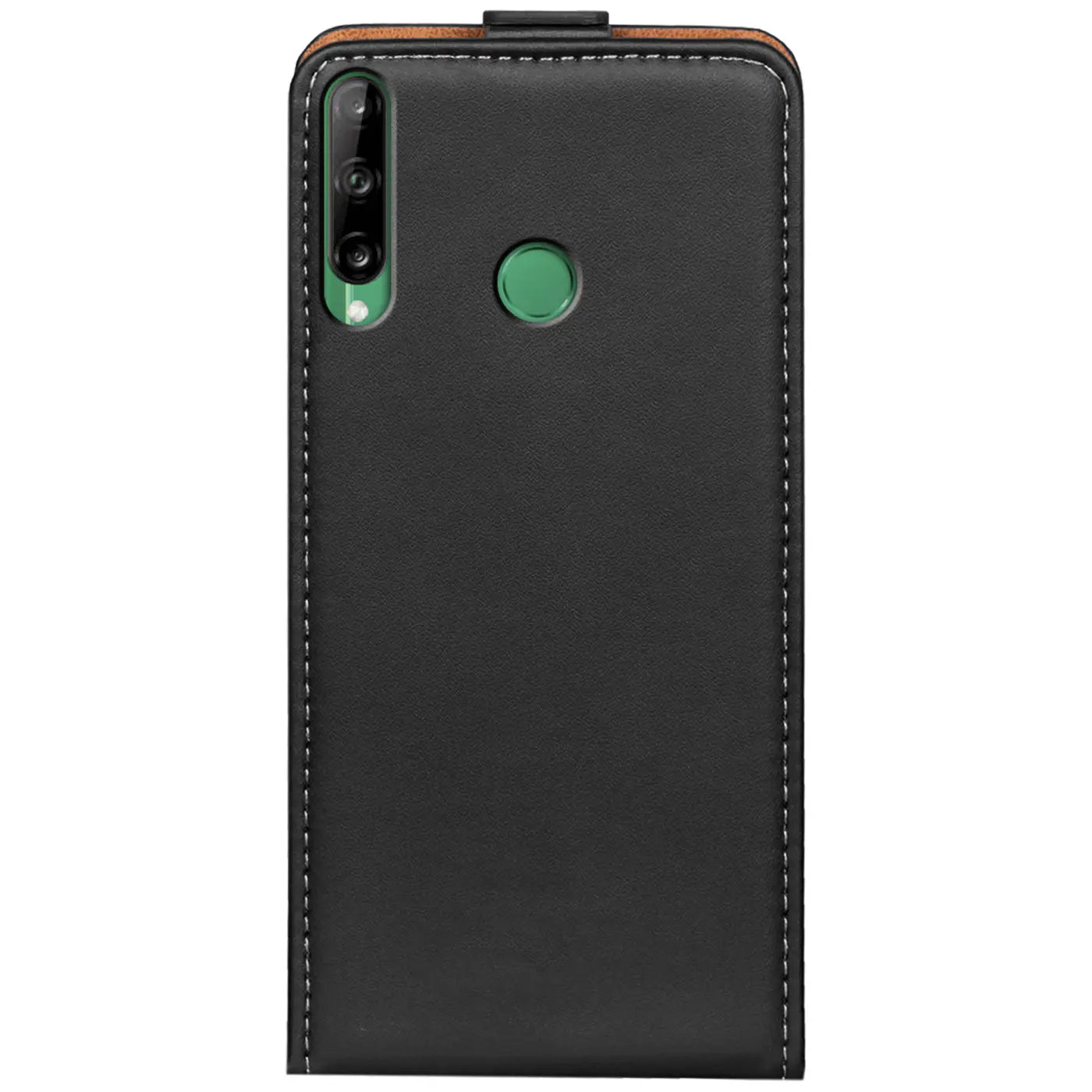 Schwarze Leder-Flip-Hülle für Huawei Y6P, Rückansicht, mit Kameraaussparung.