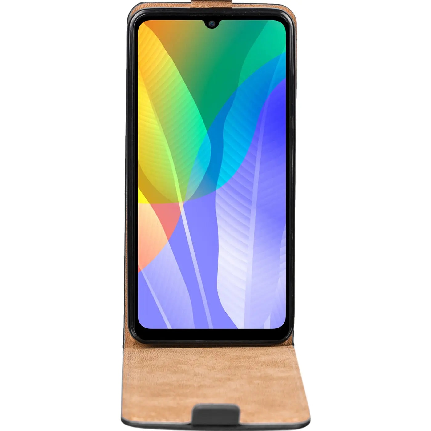 Braunes Kunstleder-Flipcase mit Huawei Y6P, Frontansicht.