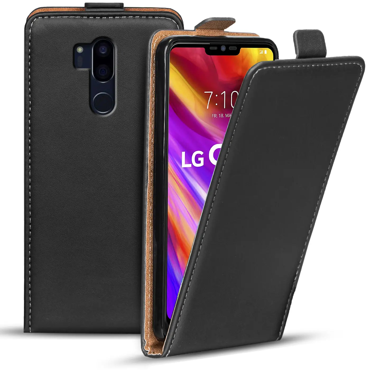 Schwarze Leder-Flip-Hülle für LG G7, mit offenem Klappdeckel, Vorderansicht.