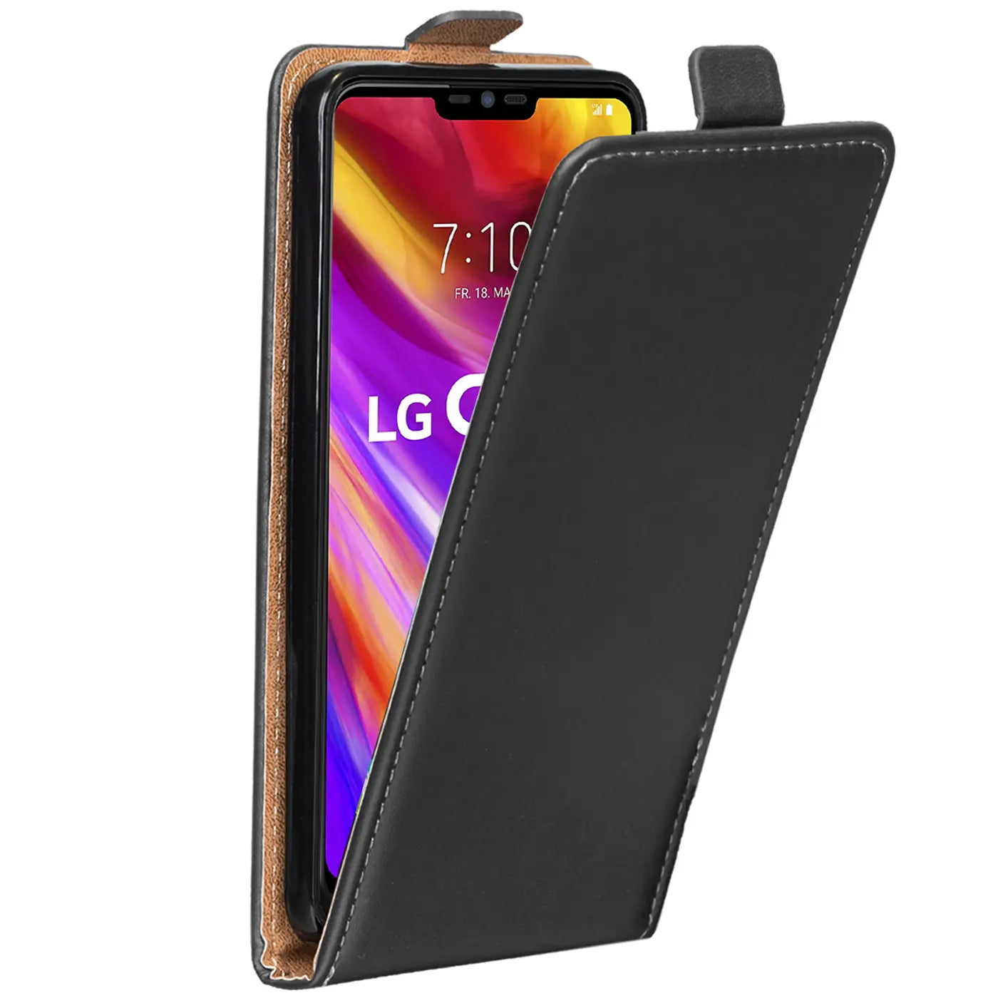 Schwarze Leder-Flip-Hülle mit offenem Klappdeckel, zeigt LG G7 Smartphone von vorne.