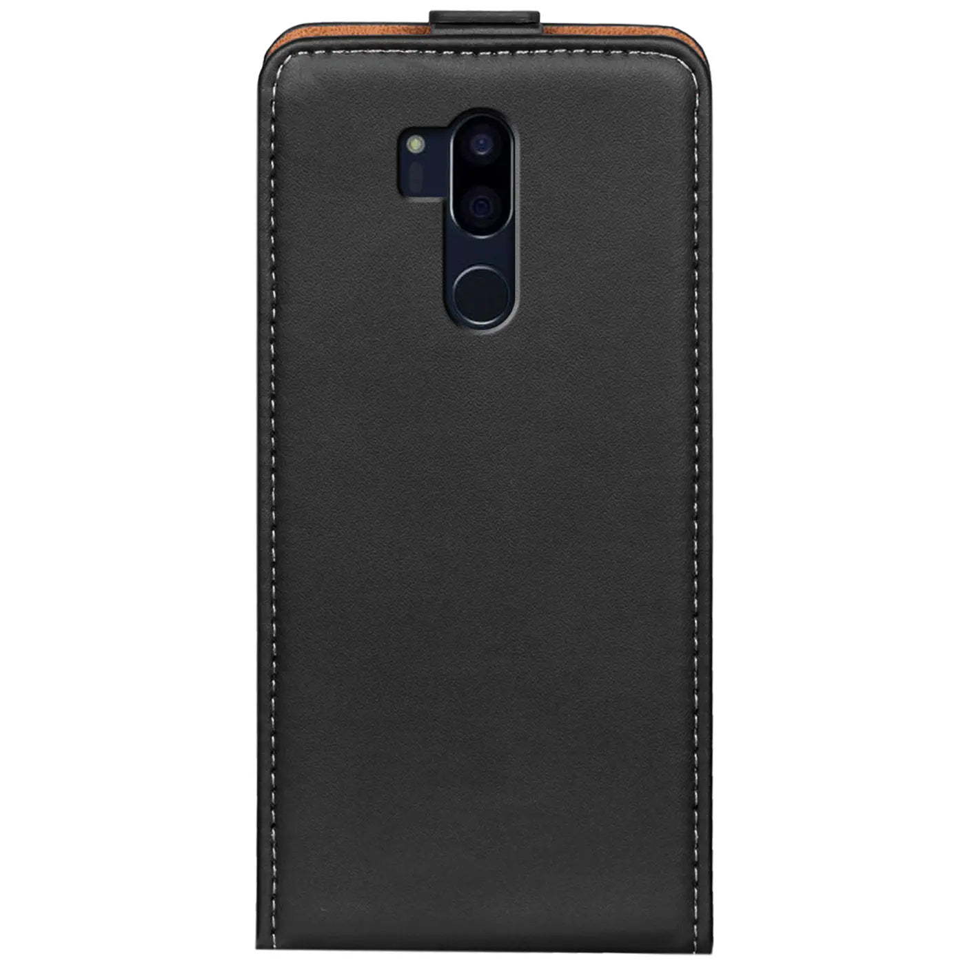 Schwarze Leder-Flip-Hülle mit Nähten, Rückansicht, für LG G7.