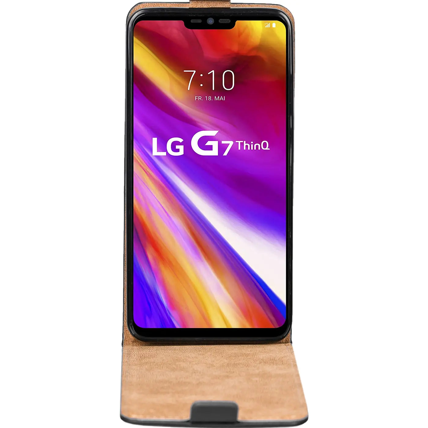 Braune Leder-Flip-Hülle mit offenem Klappteil, zeigt LG G7 ThinQ von vorne.