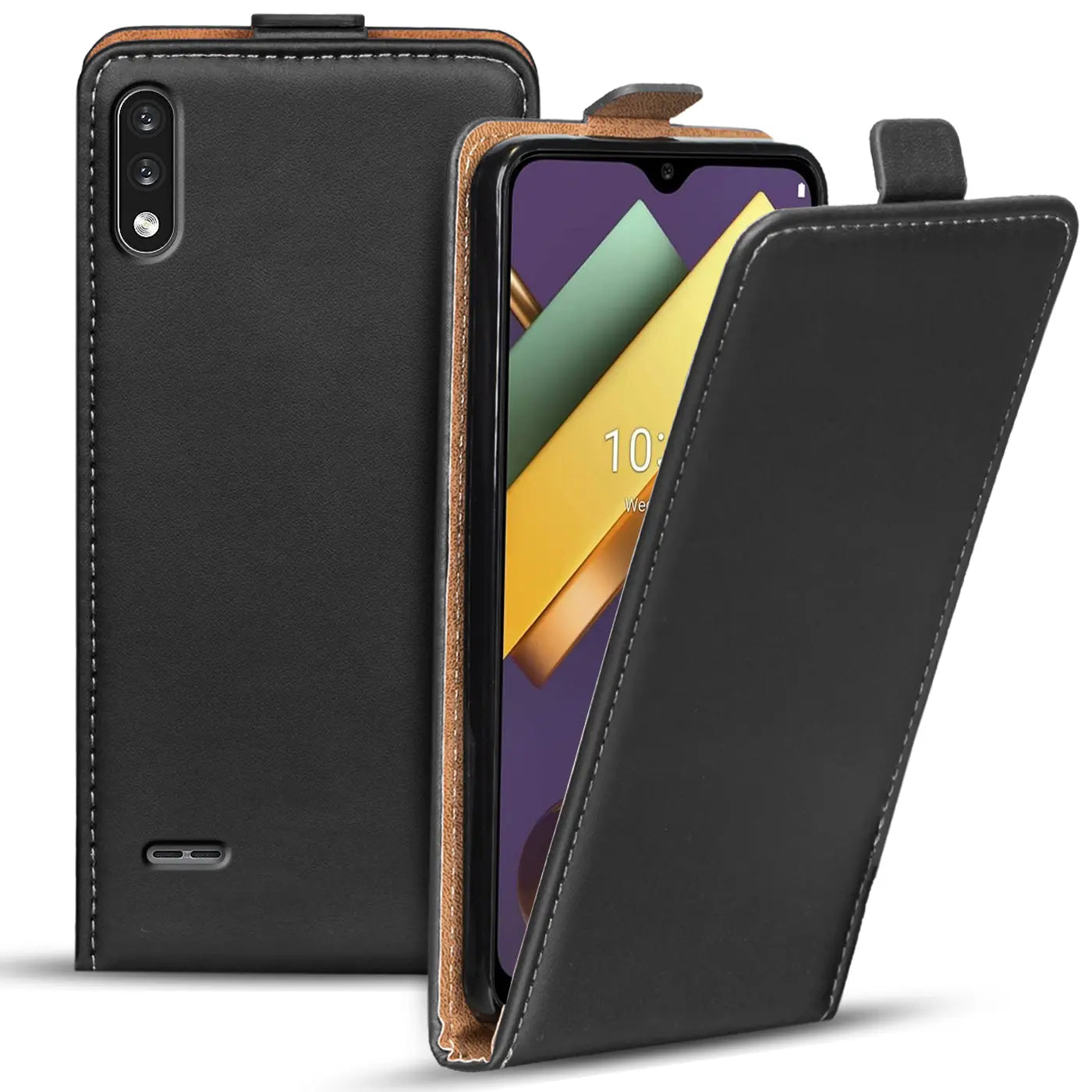 Schwarze Leder-Flip-Hülle mit braunem Innenfutter, zeigt LG K22 von vorne und hinten.