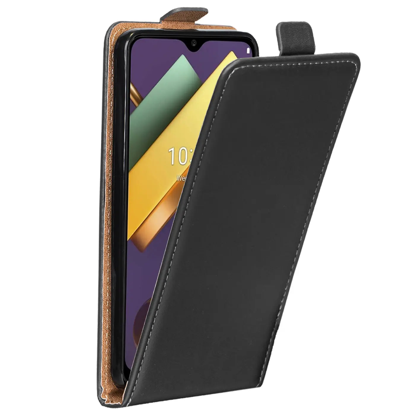 Schwarze Leder-Flip-Hülle mit offenem Deckel, zeigt LG K22 von vorne.