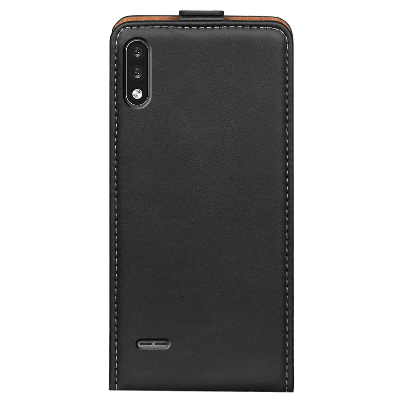 Schwarze Leder-Flip-Hülle mit Nähten, Rückansicht, LG K22 mit Kamera