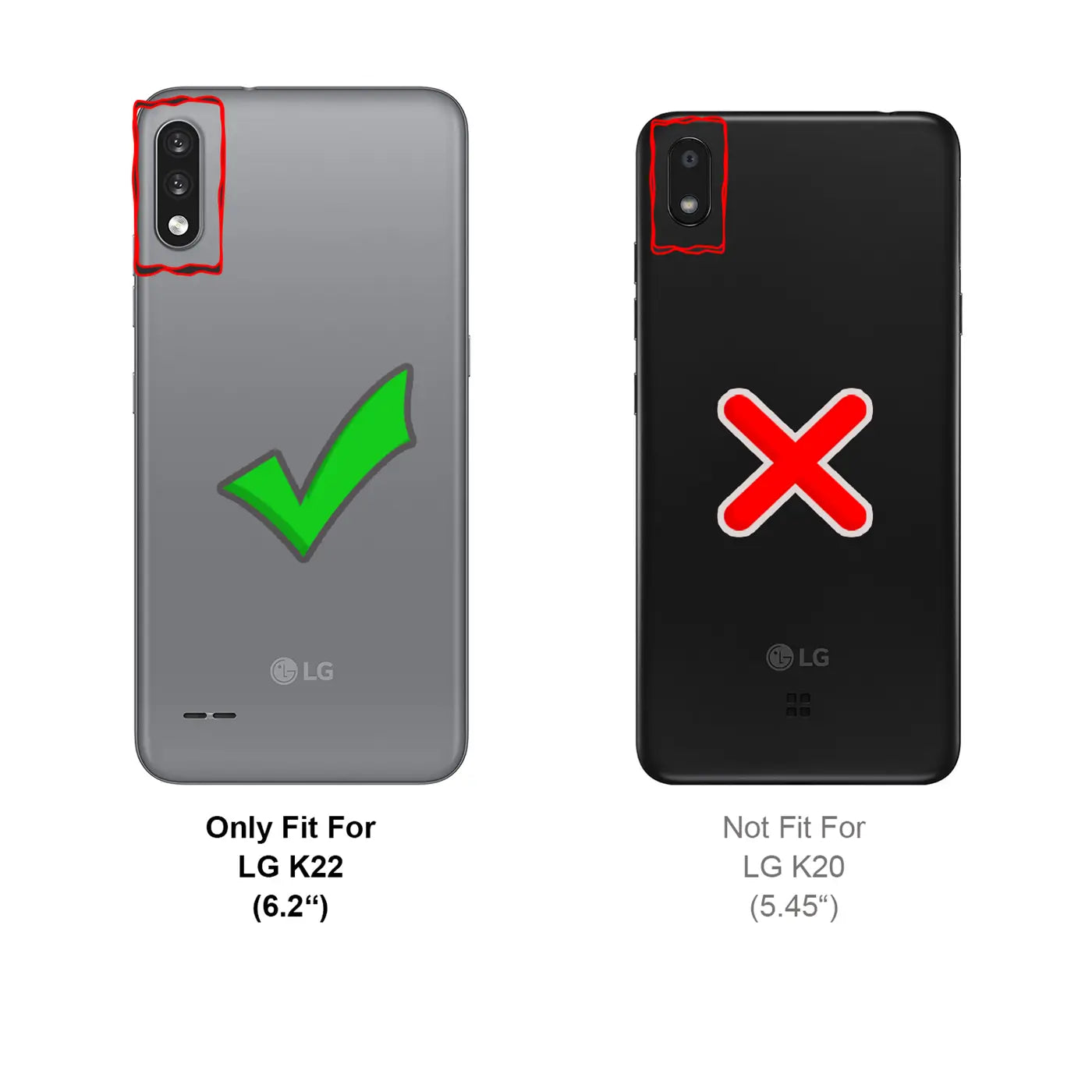 Rückseite LG K22 (grau) mit Haken, LG K20 (schwarz) mit Kreuz.