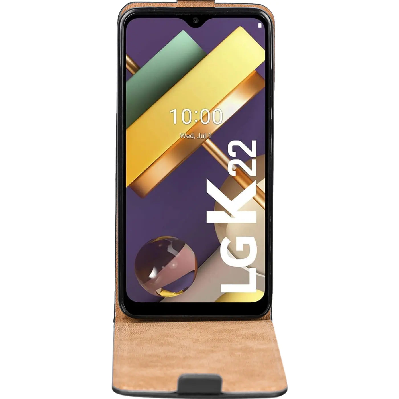 Braune Leder-Flip-Hülle für LG K22, von vorne, offen