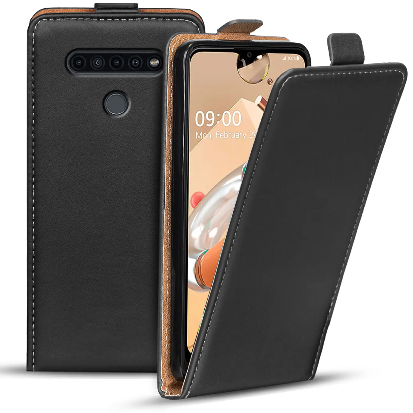 Schwarze Leder-Flip-Hülle mit offenem LG K41S, von vorne schräg.