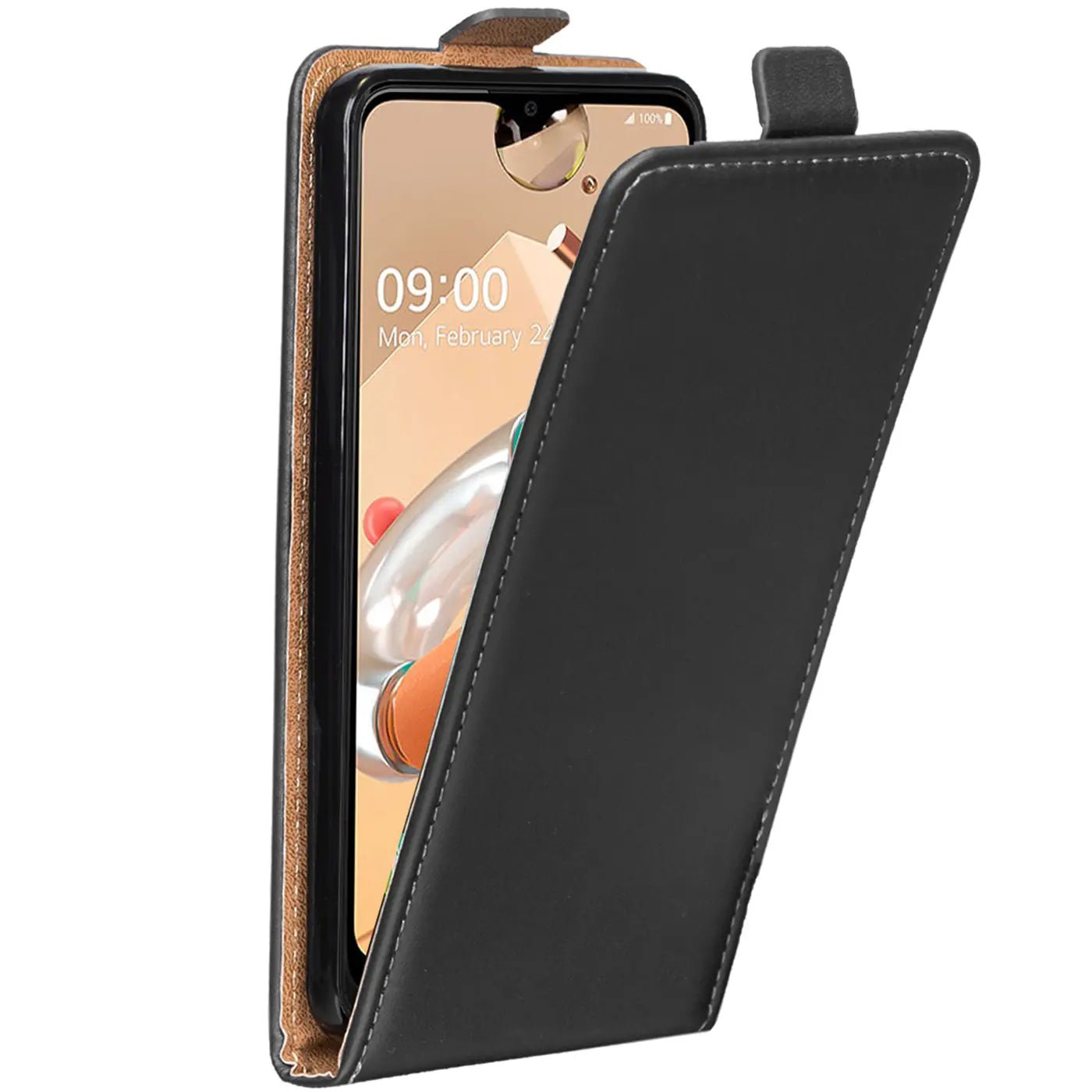 Schwarze Leder-Flip-Hülle mit offenem Klappdeckel, zeigt LG K41S, Seitenansicht.