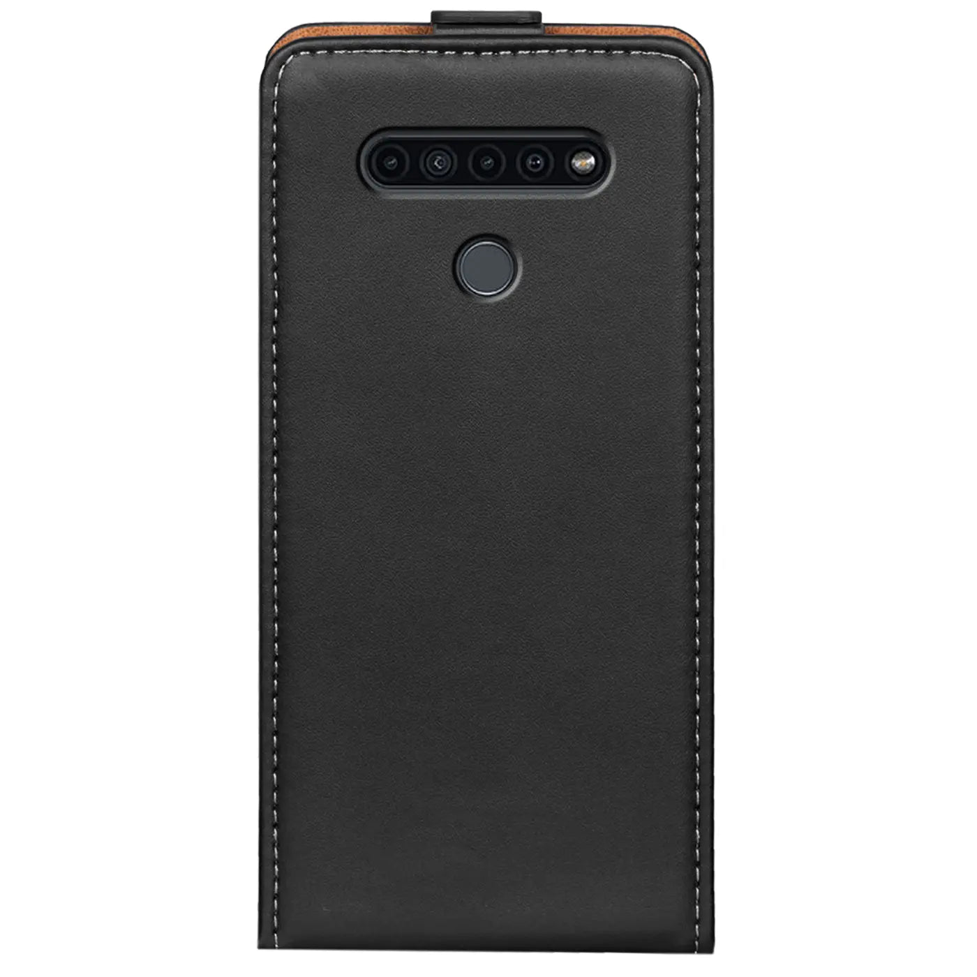Schwarze Leder-Flip-Hülle für LG K41S, Rückansicht, mit Kamera und Fingerabdrucksensor