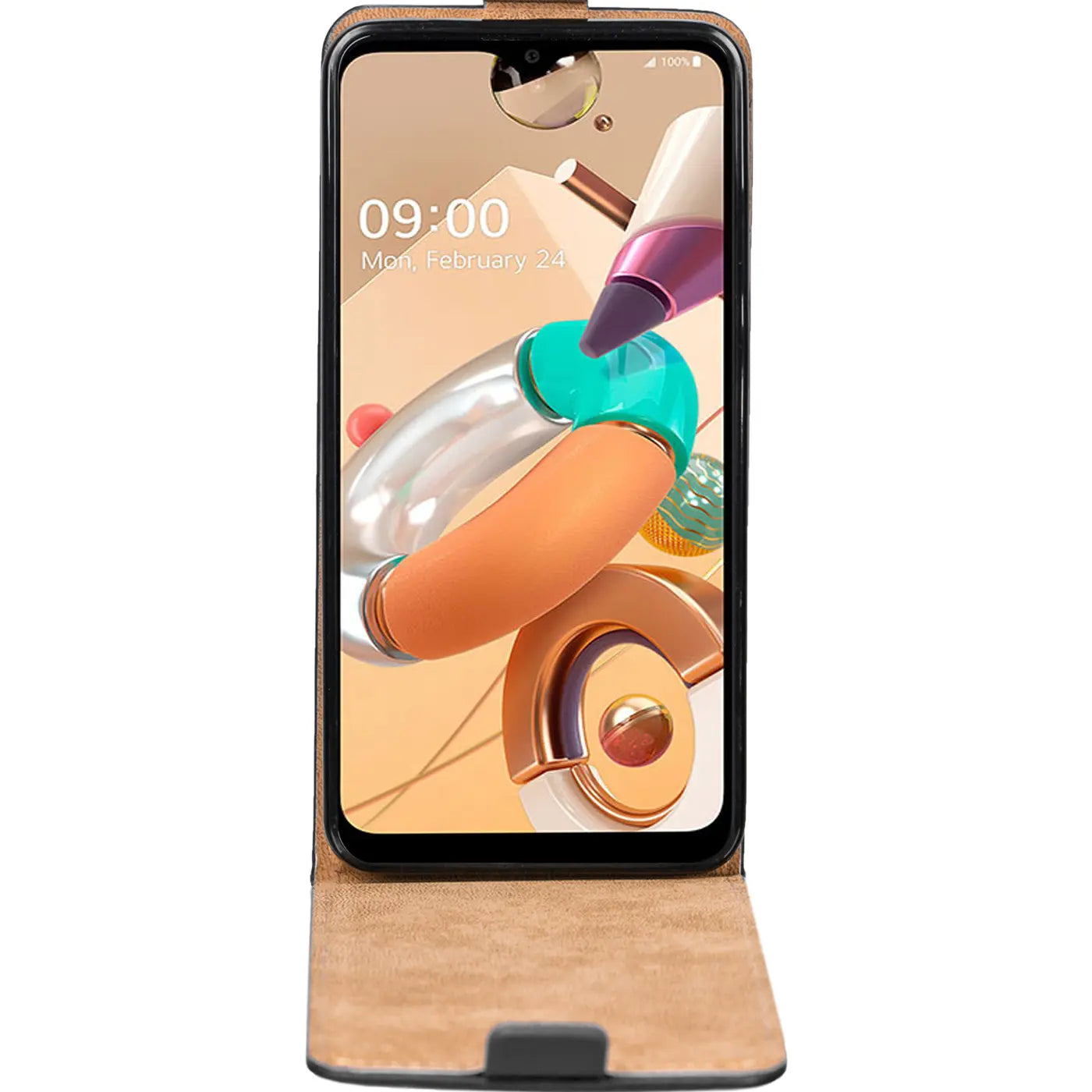 Braune Leder-Flip-Hülle mit offenem LG K41S, Vorderansicht.