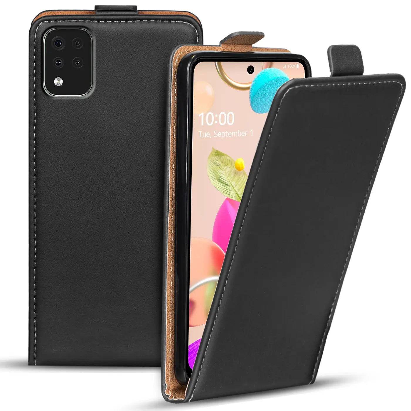 Schwarze Leder-Flip-Hülle mit braunem Innenfutter, zeigt LG K42 von vorne und hinten.