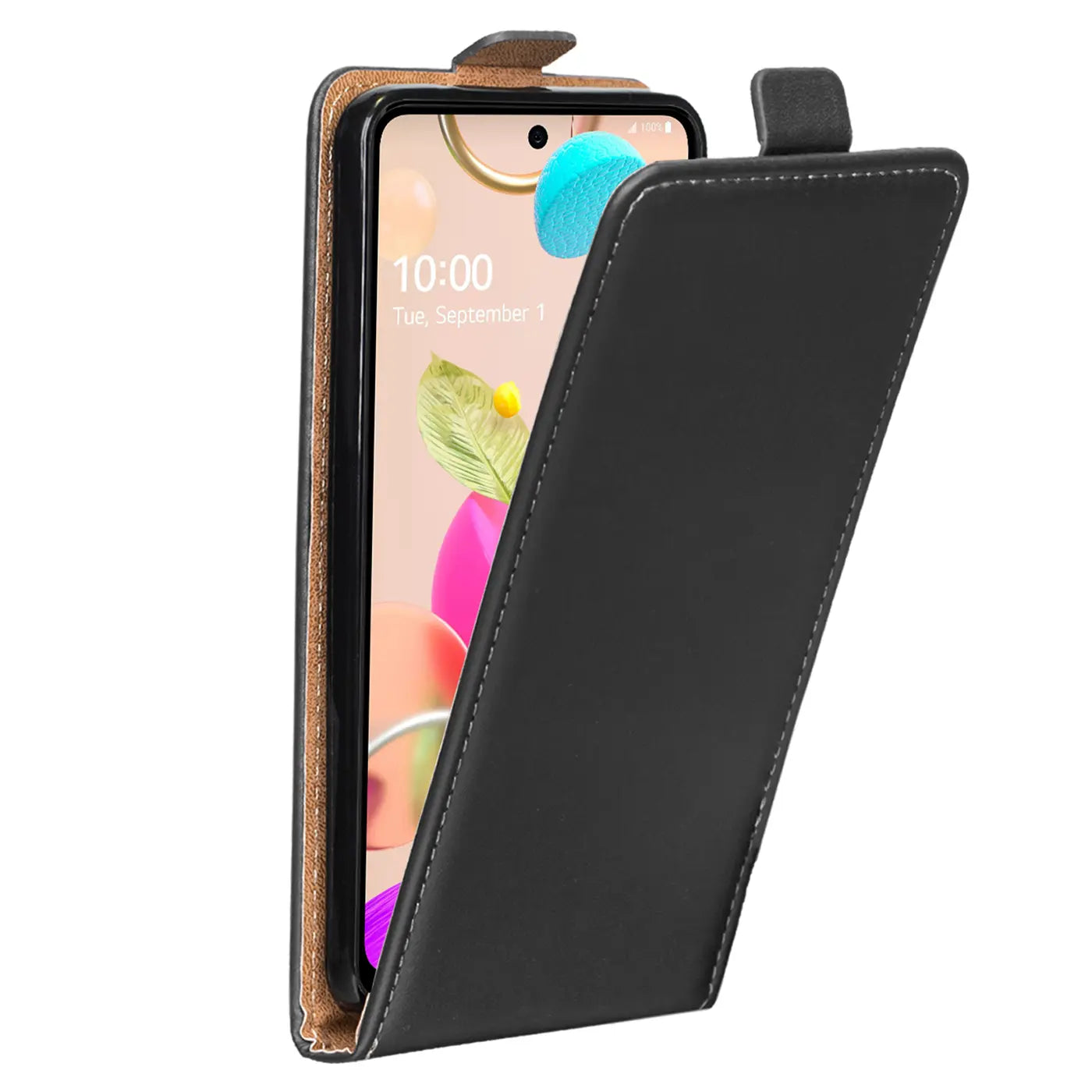Schwarze Leder-Flip-Hülle mit weißer Naht, leicht geöffnet, zeigt LG K42 Display.