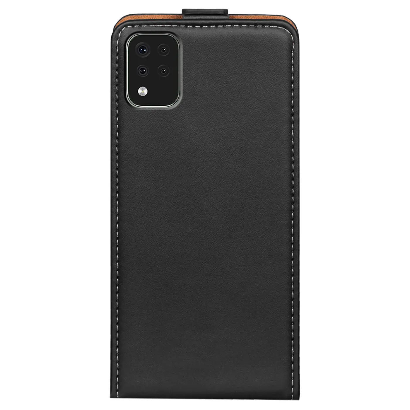Schwarze Leder-Flip-Hülle mit braunen Akzenten, von oben, für LG K42.