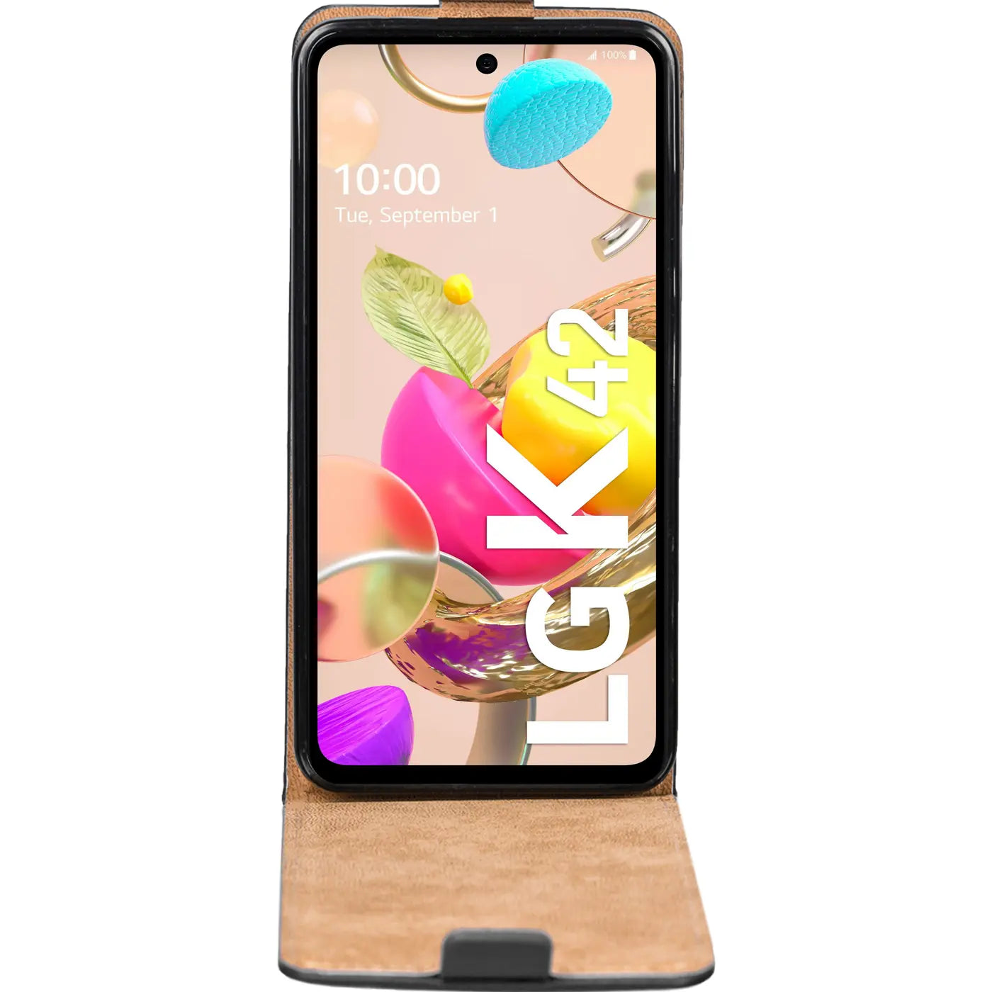 Braune Leder-Flip-Hülle für LG K42, von vorne gezeigt.