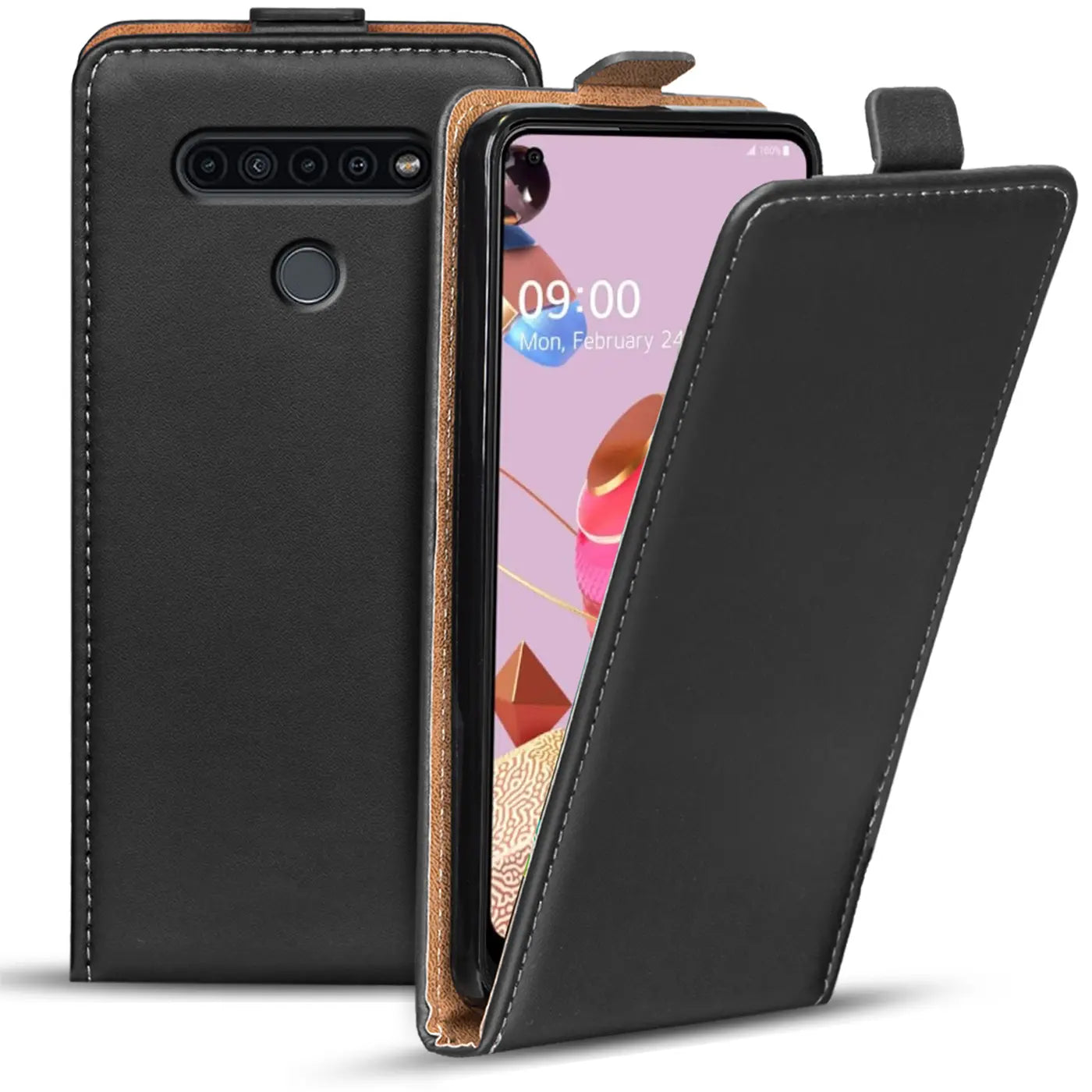Schwarze Leder-Flip-Hülle mit braunem Innenfutter, zeigt LG K51S, von vorne