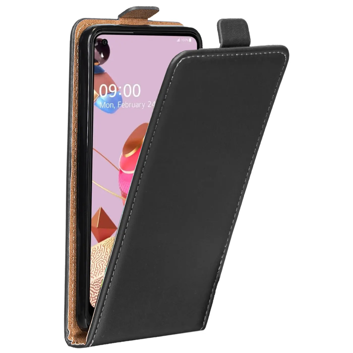 Schwarze Leder-Flip-Hülle für LG K51S, von vorne schräg gezeigt.