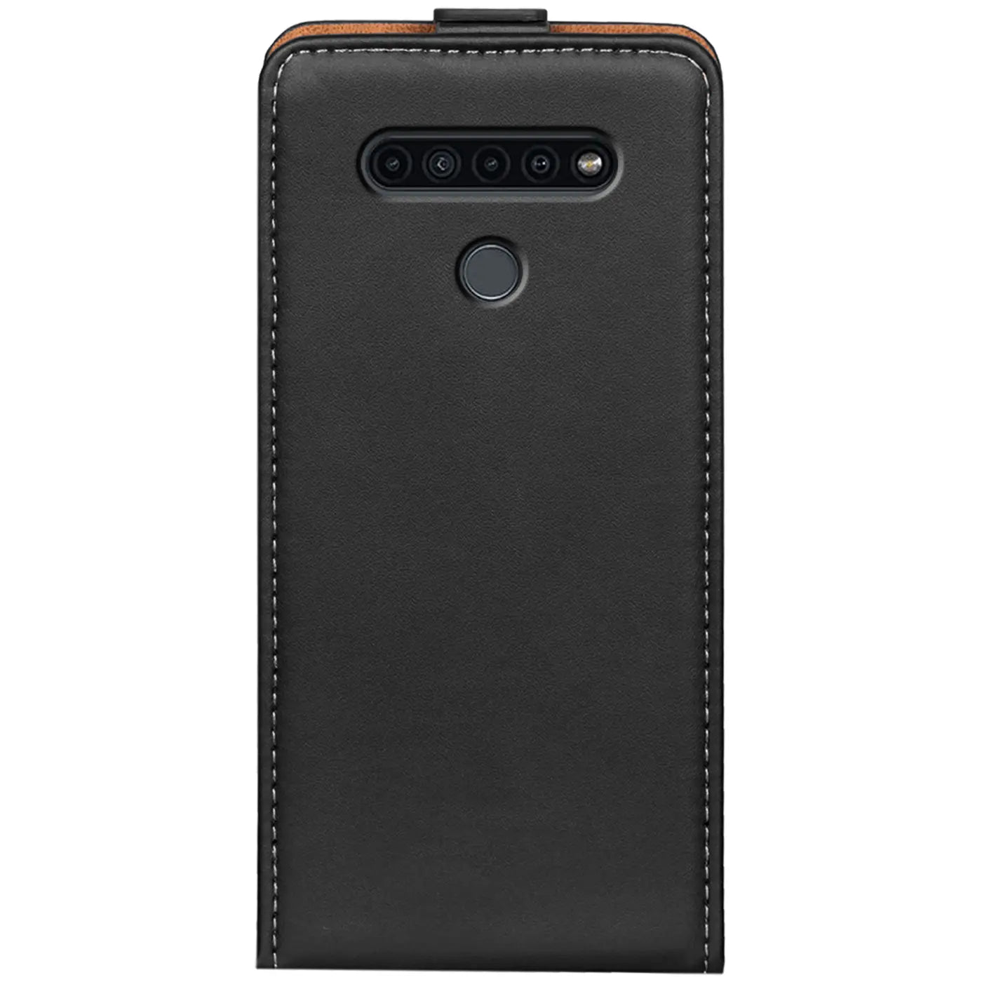 Schwarze Leder-Flip-Hülle für LG K51S, Rückansicht