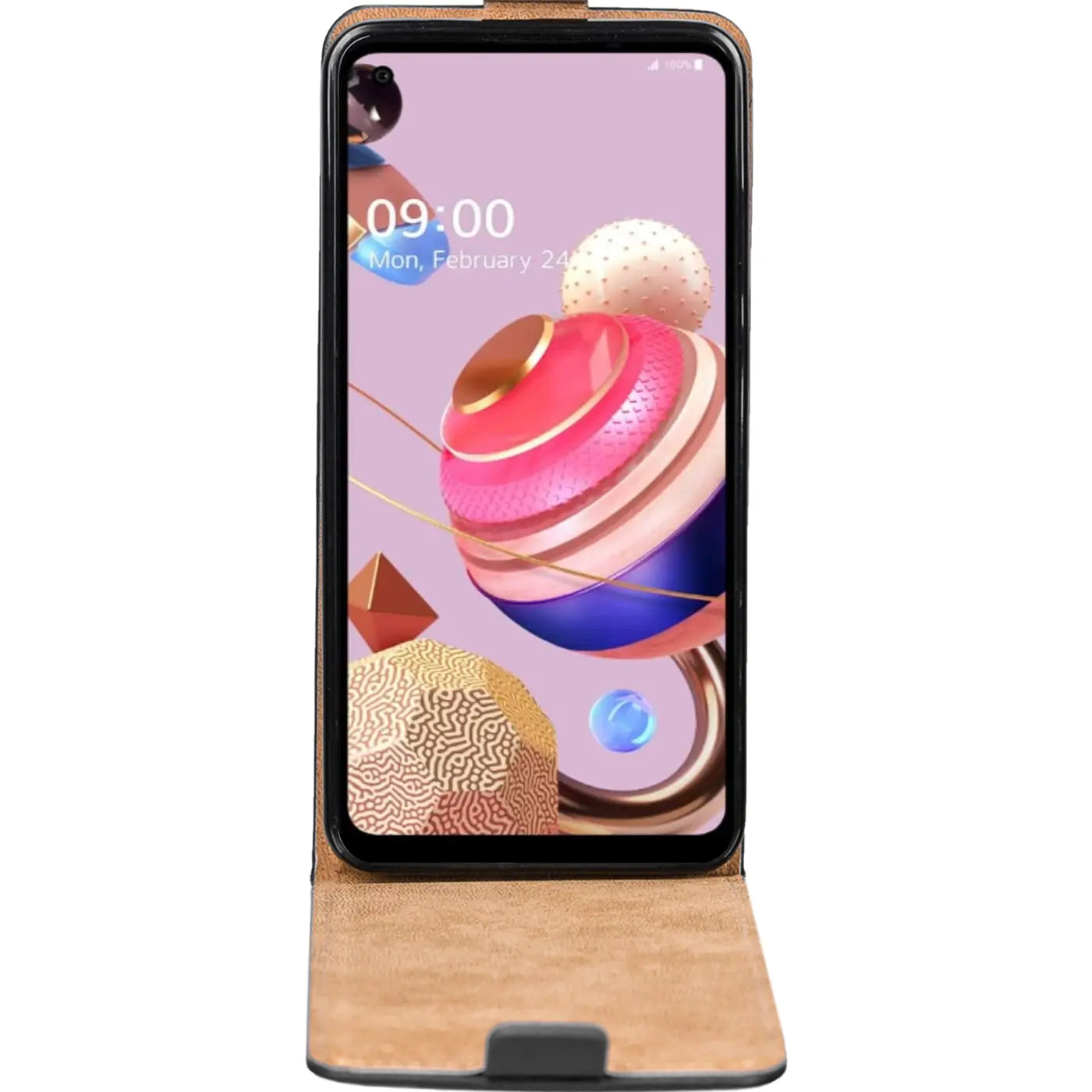 Braune Kunstleder-Flip-Hülle für LG K51S, von vorne, mit geöffneter Klappe.
