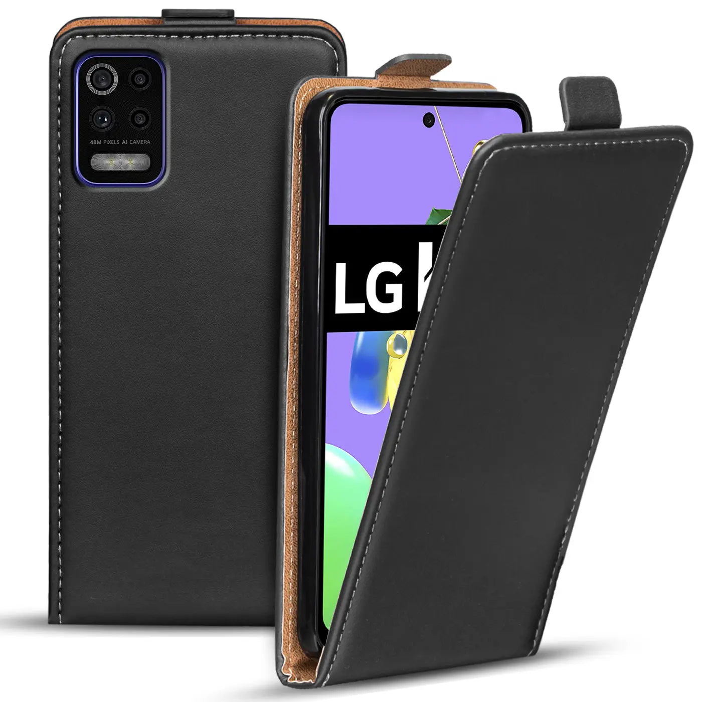 Schwarze Leder-Flip-Hülle für LG K52, Vorder- und Rückansicht, mit offenem Display