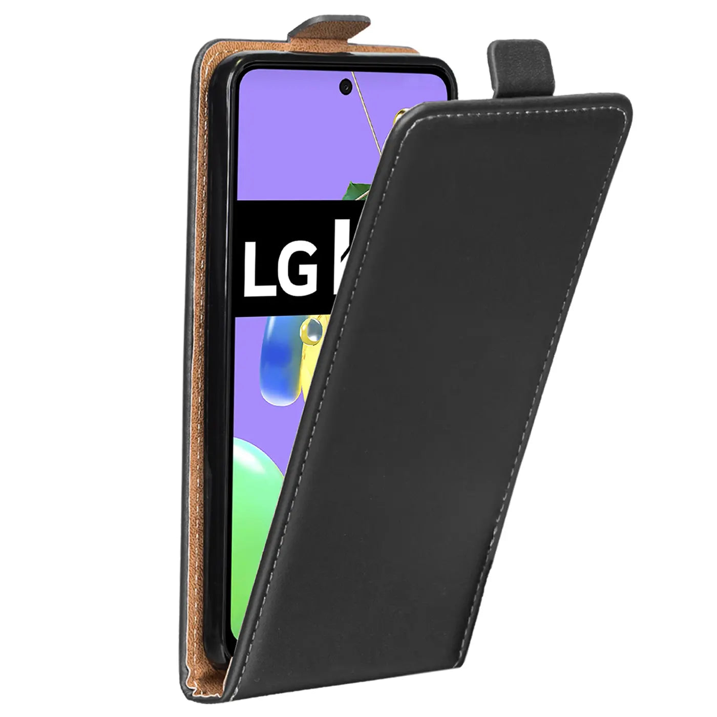 Schwarze Leder-Flip-Hülle mit braunem Innenfutter, LG K52 Smartphone von vorne sichtbar.