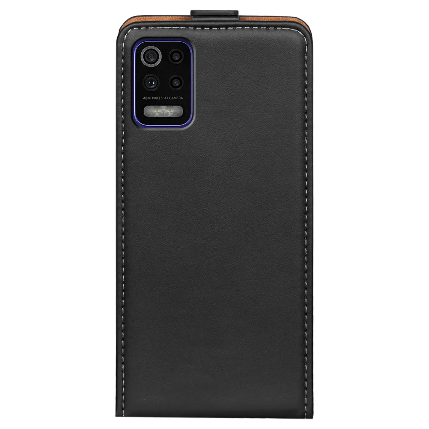 Schwarze Kunstleder-Flip-Hülle für LG K52, von hinten, mit Kameraöffnung.