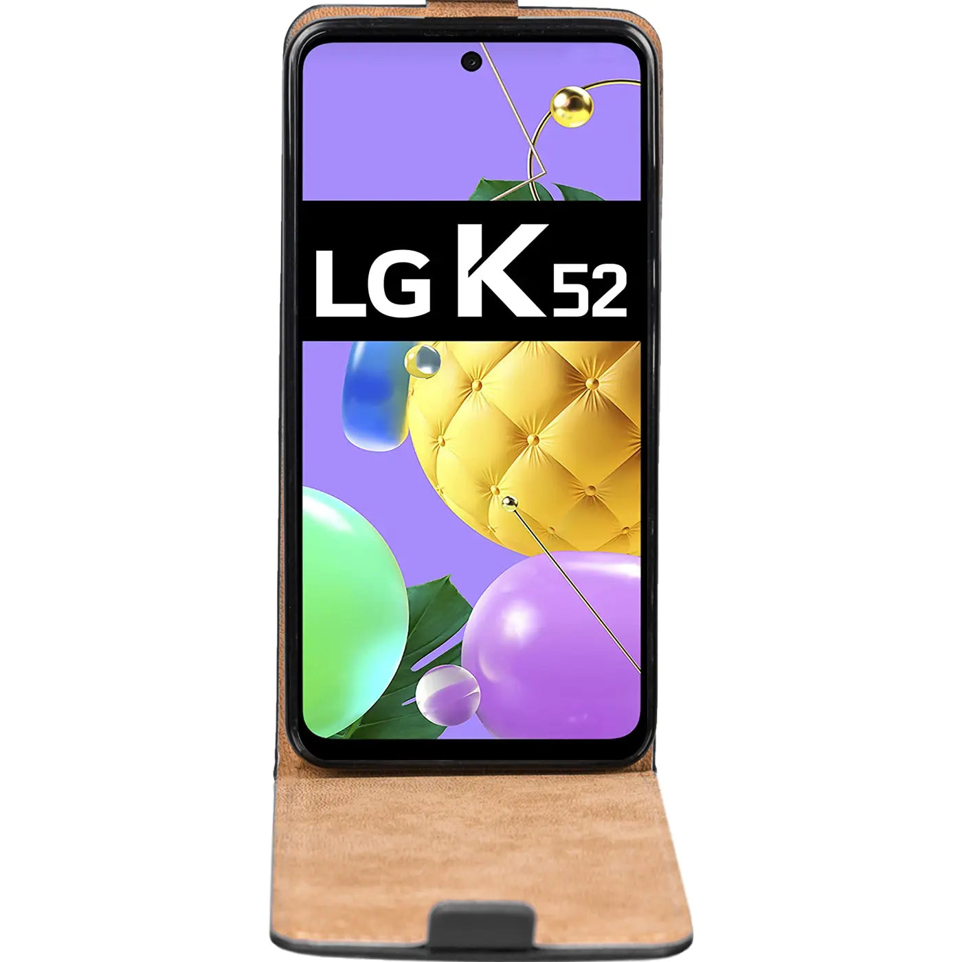 LG K52 Handy in brauner Leder-Flip-Hülle, von vorne, aufgeklappt.