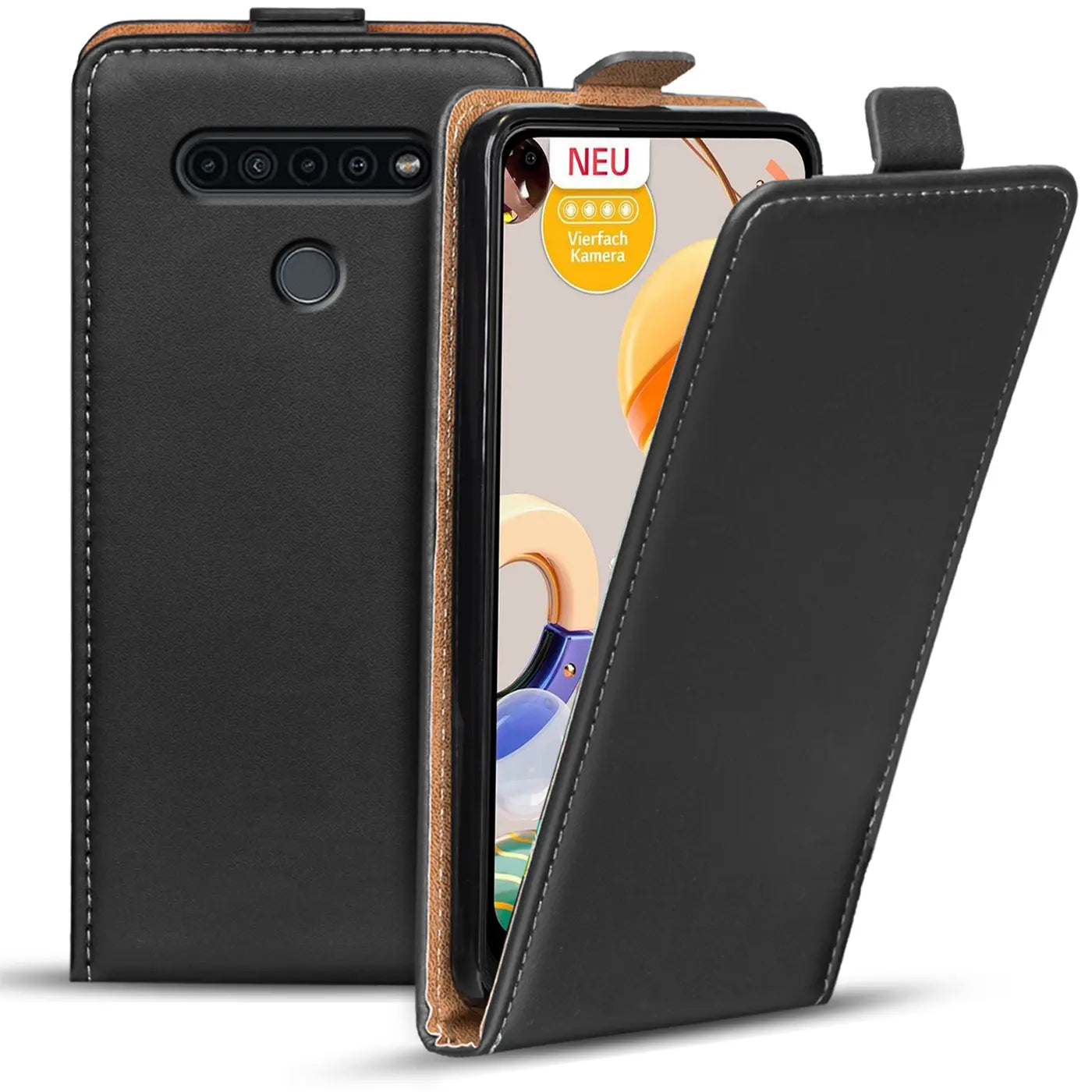 Schwarze Leder-Flip-Hülle für LG K61, von vorne schräg, mit offenem Deckel.