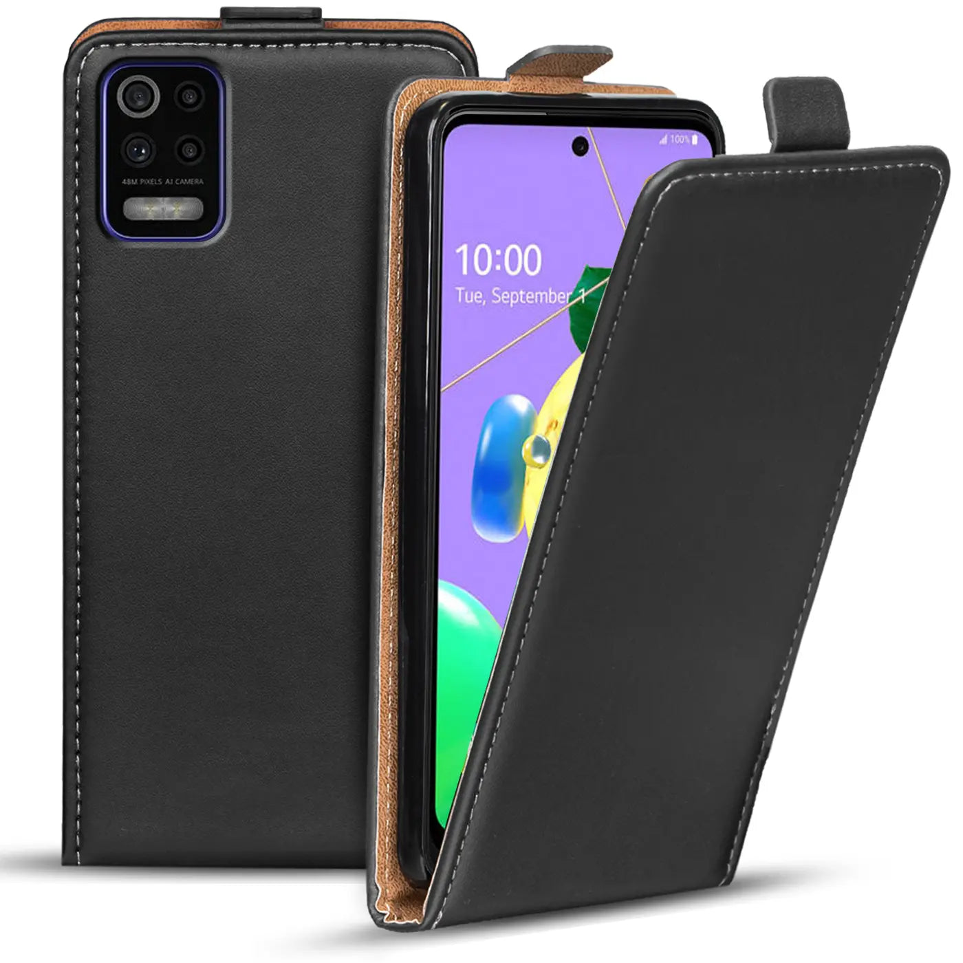 Schwarze Leder-Flip-Hülle mit braunem Innenfutter für LG K62, von vorne schräg gezeigt.