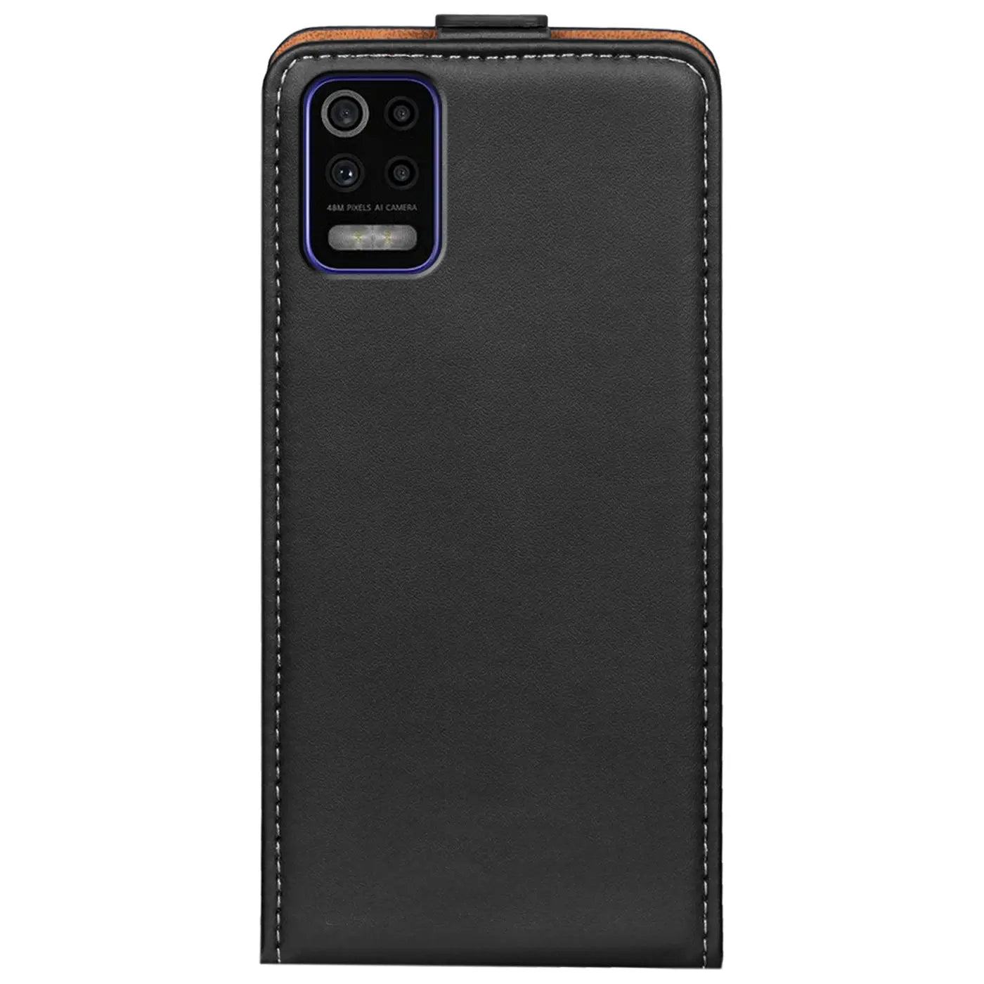 Schwarze Leder-Flip-Hülle mit Nähten, von oben auf LG K62 mit Kamera.