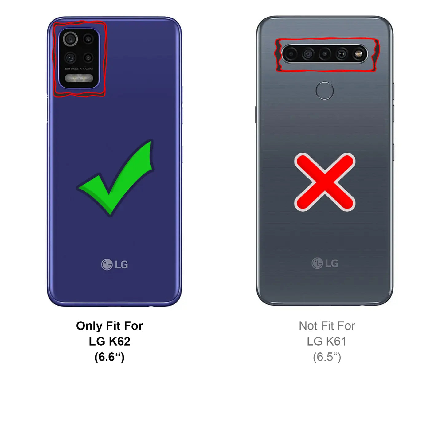Rückseite eines blauen LG K62 mit grüner Häkchen-Grafik. Daneben ein graues LG K61 mit rotem X.