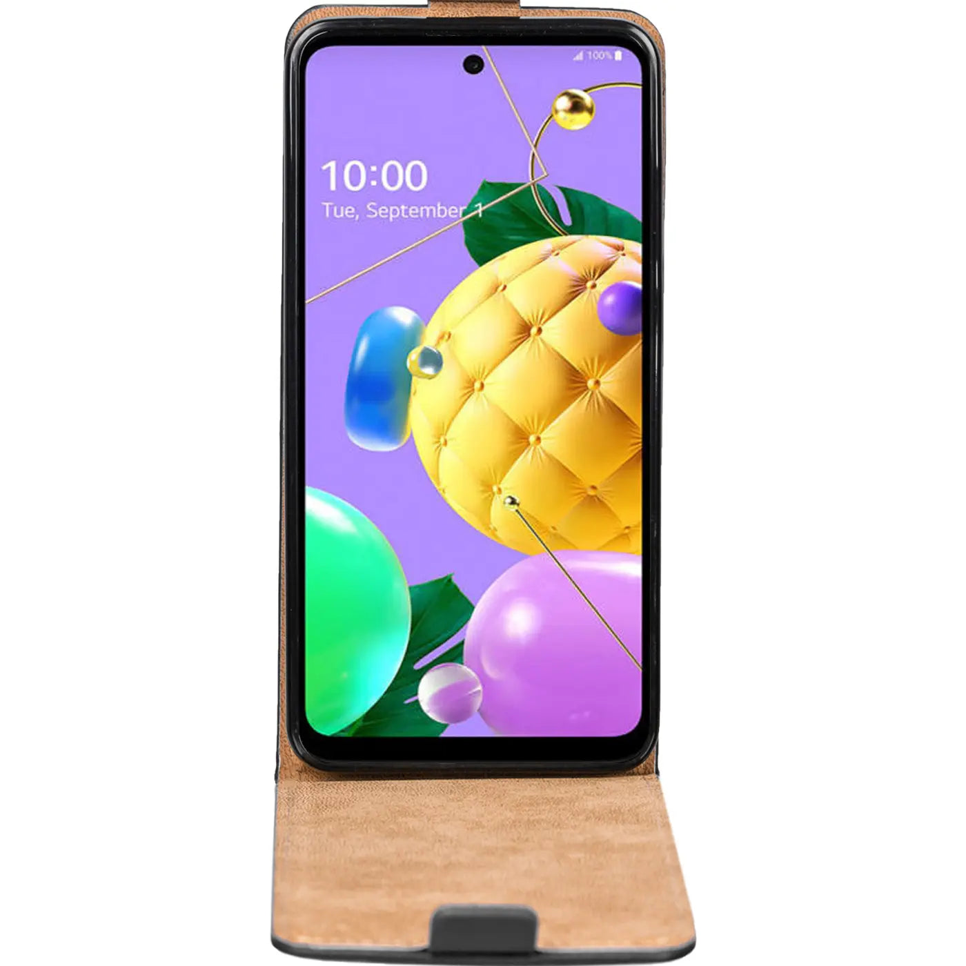 Braun Leder-Flip-Hülle, offen, zeigt LG K62 mit bunter Tapete