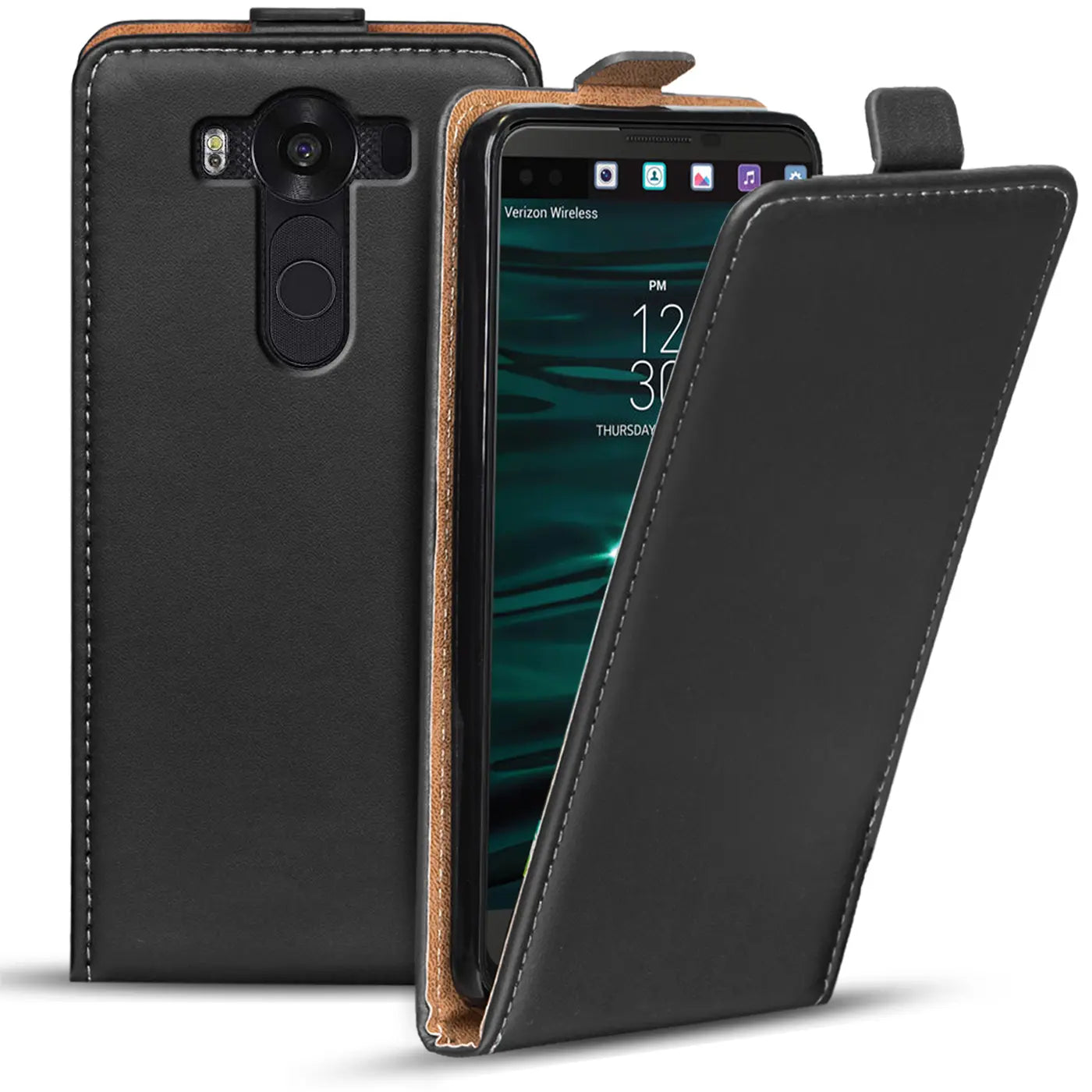 Schwarze Leder-Flip-Hülle für LG V10, von vorne, mit offenem Deckel.