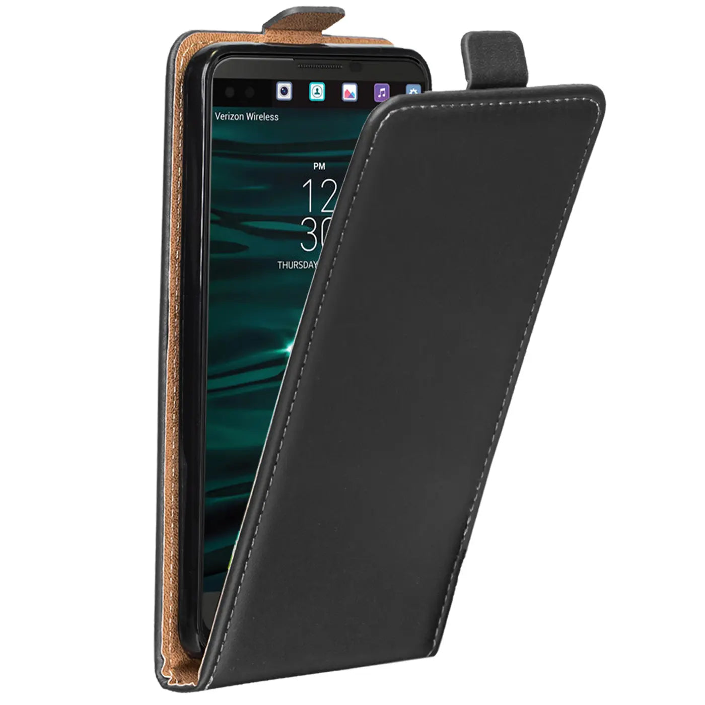 Schwarze Leder-Flip-Hülle für LG V10, von vorne schräg gezeigt.