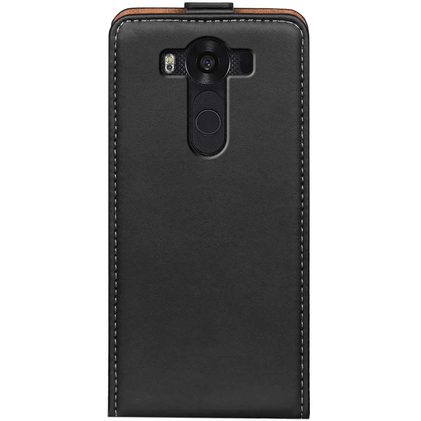 Schwarze Leder-Flip-Hülle für LG V10, Rückansicht.